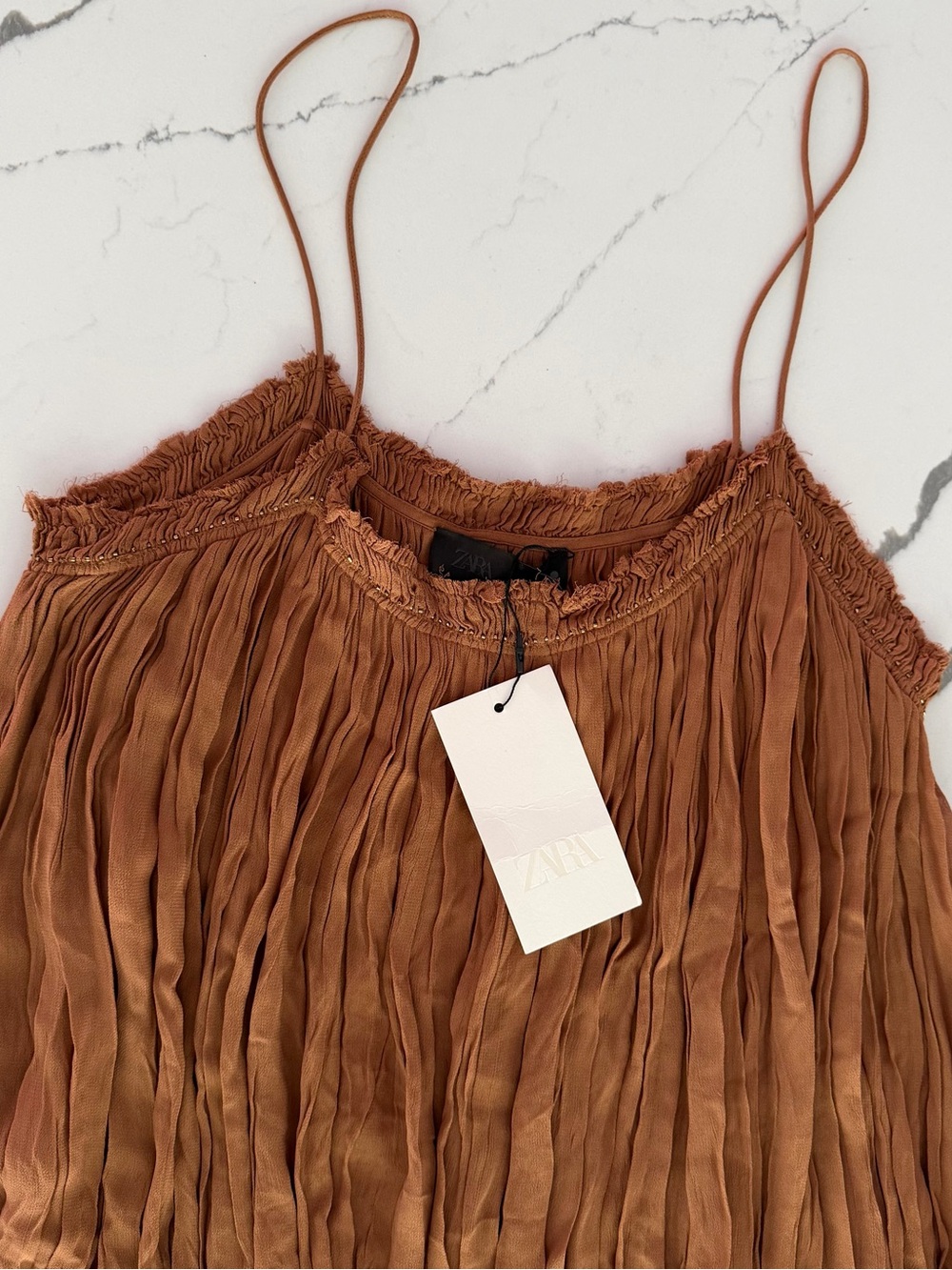 NWT Zara ZW Collection Wrinkled Embroidered Maxi Dress Brown Boho Size L - Picture 9 of 16